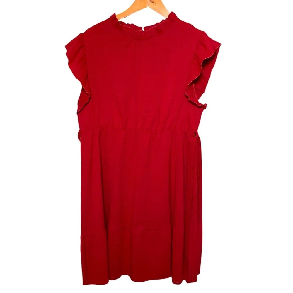 SHEIN Curve Sleeveless Ruffle Neck Belted Midi Red Dress Back Button Size 2XL - Picture 4 of 11